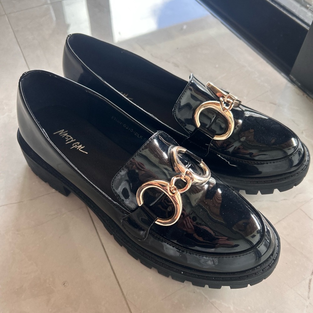 NWOT Nasty Gal Glossy Black Loafers with Gold Buckles